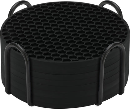 8-Pack Silicone Drink Coasters with Holder, Non-Slip Coaster Set for Coffee Table, Kitchen & Office, Protect Furniture from Water Rings, Heat & Spills, Black1