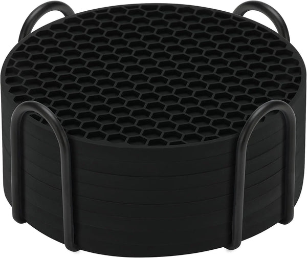 8-Pack Silicone Drink Coasters with Holder, Non-Slip Coaster Set for Coffee Table, Kitchen & Office, Protect Furniture from Water Rings, Heat & Spills, Black1