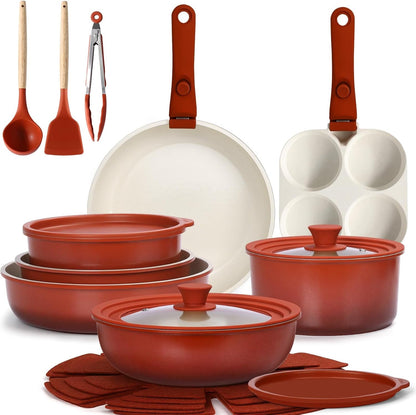 21PCS Pots and Pans Set Non Stick,Kitchen Cookware Set Detachable Handle,Red and Black Gradient Pot and Pan Set,Non Toxic Cooking Pan Set with Frying Pans Set,Rv Cookware Sets for All Stoves1
