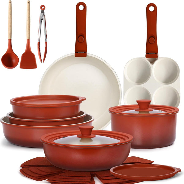 21PCS Pots and Pans Set Non Stick,Kitchen Cookware Set Detachable Handle,Red and Black Gradient Pot and Pan Set,Non Toxic Cooking Pan Set with Frying Pans Set,Rv Cookware Sets for All Stoves1