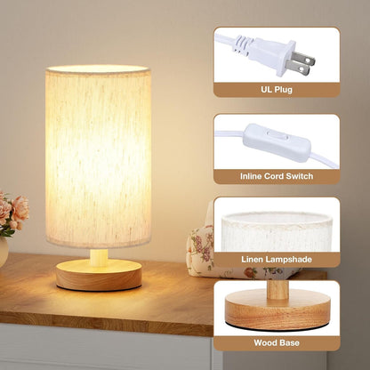 9" Small Table Lamp for Bedroom - Inline Control with 3000K Blub | Cream Shade and Wood Base | 680 Lumens | Easy Assembly | Minimalist Design | E26 | for Kitchen | for Kids Room2