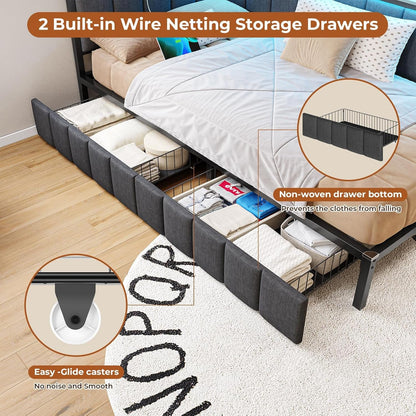 Twin Corner Bed Frame with 2 Storage Drawers and Charging Station Twin Bed Frames with Storage and Led Lights Twin Size Daybed for Kids Teen with Upholstered Guardrail,No Box Spring Needed,Gray5