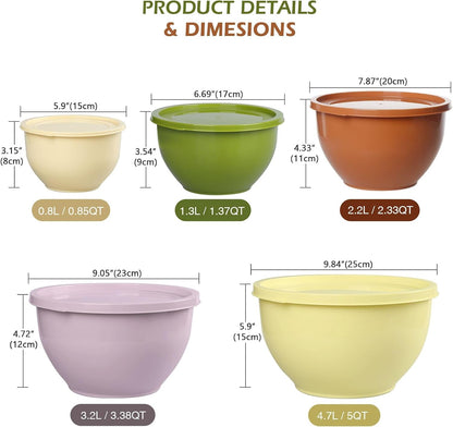 Plastic Mixing Bowls with Lids Set for Kitchen, 5 Set Nesting Bowls for Mixing, Baking, Prepping, Cooking and Serving Food, Mixing Bowls Dishwasher, Microwave Safe2