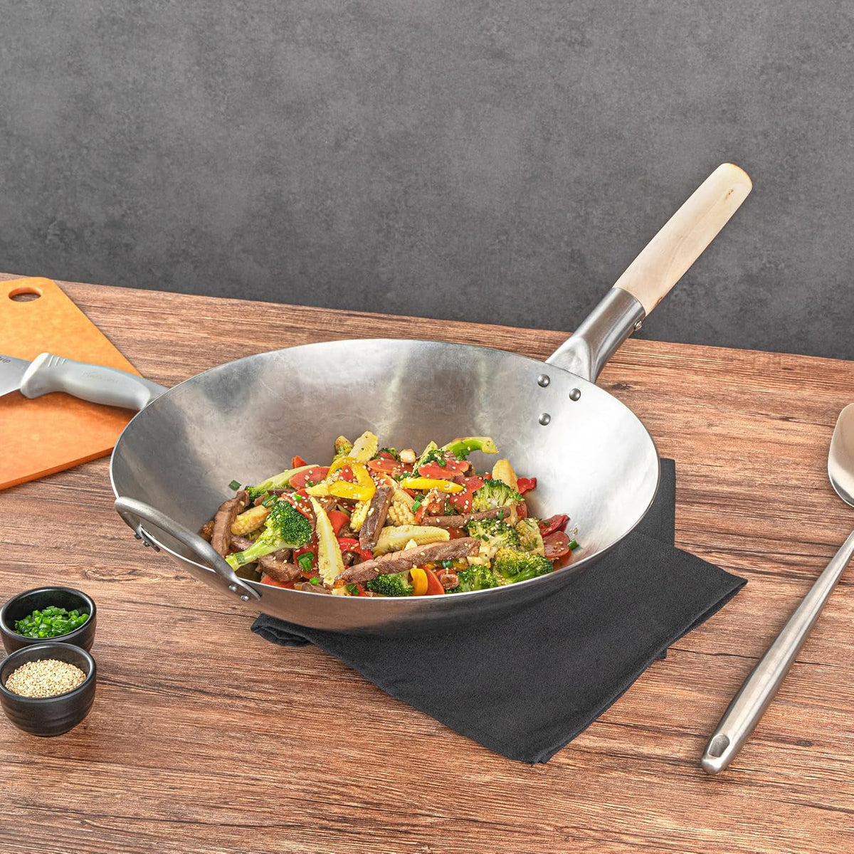 carbon-steel-wok-1-pack-of-14-inch-heavy-duty-stir-fry-pan-silver-hand-hammered-wok-efficient-maneuvering-steel-helper-handle-uniform-heat-distribution-asian-cooking