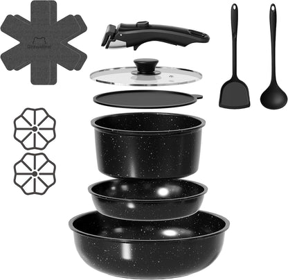 12 Pcs Pots and Pans Set Non Stick, Ceramic Cookware Set Non Toxic with Detachable Handles, Healthy Induction Cookware Oven Safe RV Kitchen Set, PFAS PFOA & PTFE Free, Black1