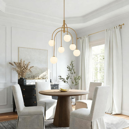 6 Lights Mid Century Modern Chandelier, Milk Glass Globe Chandelier Light Fixture with Gold Metal & White Ball, Large Pendant Lighting Ceiling Hanging for Dining Room Kitchen Island Entryway3