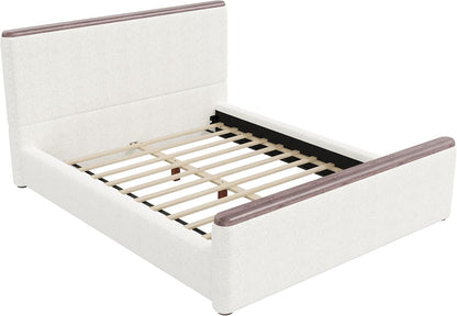 Modern Queen Size Floor Upholstered Bed with High Headboard, White7