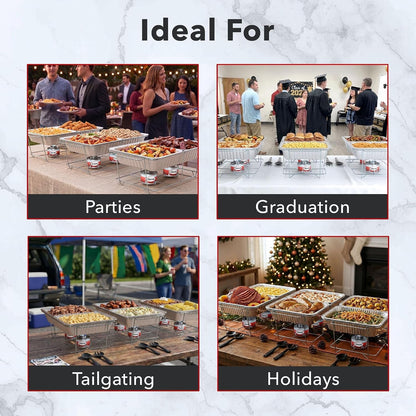 Disposable Chafing Dish Buffet Set with 6-Hour Fuel, 30 Piece | 3 Full-Size Buffet Setups with 6 Fuel Cans, 3 Water Pans, 6 Half-Size Food Pans, 6 Lids, 3 Wire Racks, and Serving Utensils8