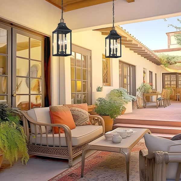 Large Outdoor Pendant Light Fixtures 3-Light, 15'' Dusk to Dawn Exterior Hanging Lantern Porch Light Adjustable, Black Hanging Lamp Farmhouse Exterior Chandelier Ceiling Mount for Entrance Patio7