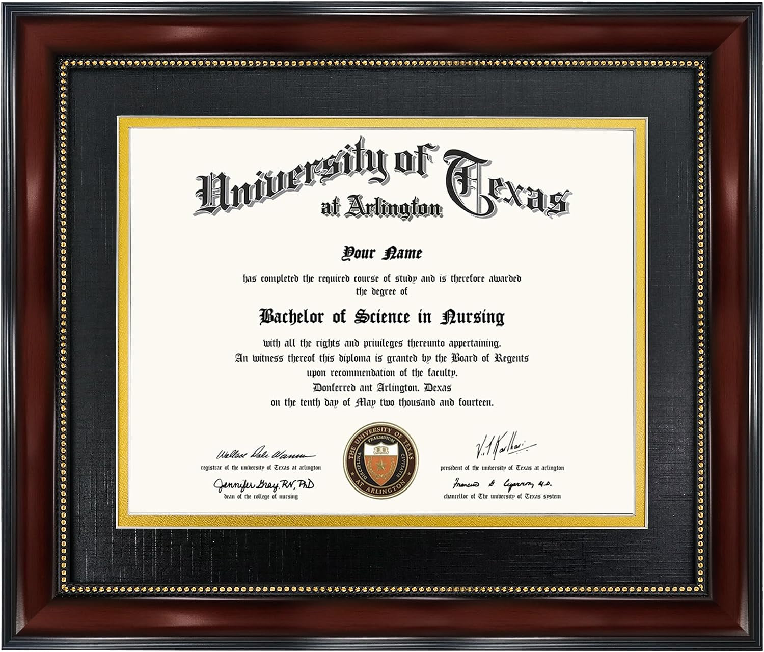 8-5x11-diploma-frame-with-black-over-gold-mat-or-display-11x14-document-without-mat-uv-protection-acrylic-mahogany-with-gold-beads