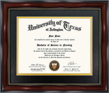 8.5X11 Diploma Frame with Black over Gold Mat or Display 11X14 Document without Mat, UV Protection Acrylic, Mahogany with Gold Beads1