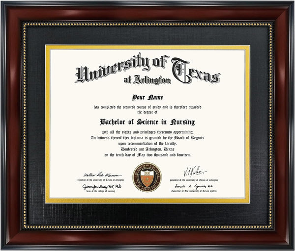8.5X11 Diploma Frame with Black over Gold Mat or Display 11X14 Document without Mat, UV Protection Acrylic, Mahogany with Gold Beads1