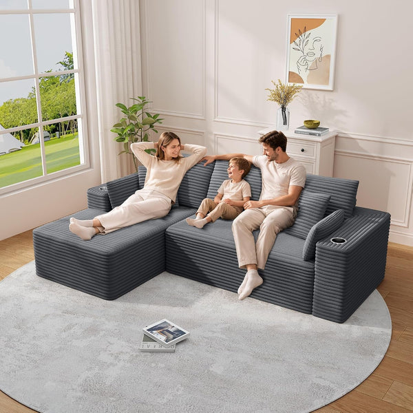 Pingliang 102" Cloud L-Shaped Sectional Sofa, Dark Grey Corduroy2
