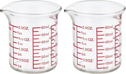 2 Oz Glass Measuring Cups with V-Shaped Spout, 2 Pack | 5-60 Ml Range with Printed Fl Oz, Tsp, Tbsp and Cup Scales on 3.3 Borosilicate Glass for Kitchen and Bar Prep1