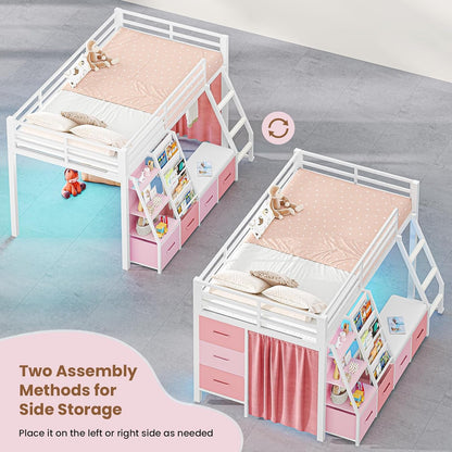 Low Loft Bed with 7 Storage Drawers & Reading Nook, Kids Twin Loft Bed with Bookshelf, LED Lights & Safety Guardrail, Loft Bed Twin Size with 35.8''H Play Space, Inclined Ladder, White & Pink9