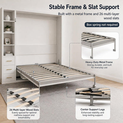 Queen Size Murphy Bed with Desk and Single Side Cabinet, White Wall Bed with Bookcase Shelves, 3 Drawers, Automatic Legs, Hydraulic Assist, Space Saving Bed for Bedroom,Guest Room,Home Office7