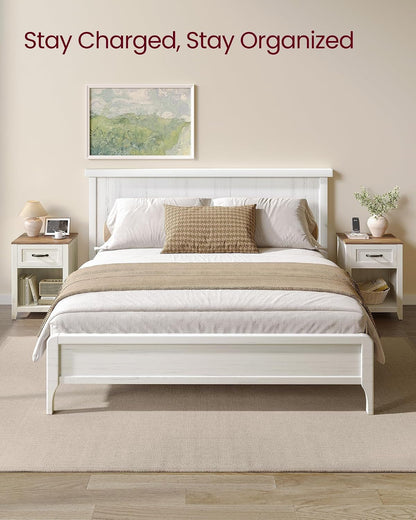 VASAGLE Farmhouse Nightstands with Charging Station, 1 Drawer, Set of 2 | Bedside Table, Side Table with Open Compartment, for Bedroom, Rustic White and Honey Brown, LIRY Collection ULET859K414