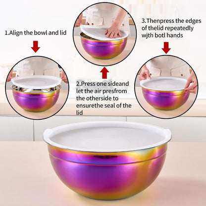 Rainbow Mixing Bowls with Lids Set of 7, Stainless Steel Nesting Bowl with Khaki Lid for Non-Slip Mixing Prepping Storing Serving, 7 Sizes-7/3.6/2.7/2.1/1.5/1/0.8 QT3