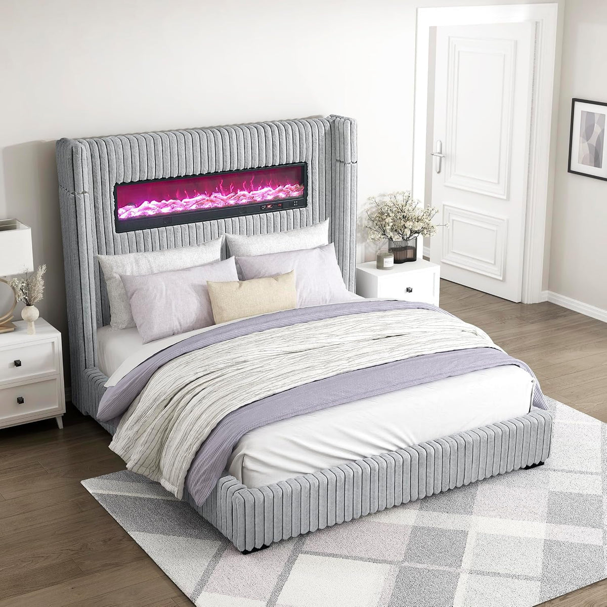 corduroy-upholstered-bed-frame-remote-fireplace-built-in-speaker-wingback-queen-bed-frame-with-headboard-wooden-slats-box-spring-needed-assembly-required-two-tone-gray