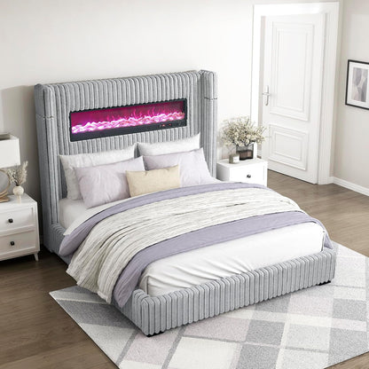 Corduroy Upholstered Bed Frame, Remote Fireplace, Built-In Speaker, Wingback Queen Bed Frame with Headboard, Wooden Slats, Box Spring Needed, Assembly Required, Two-Tone Gray7