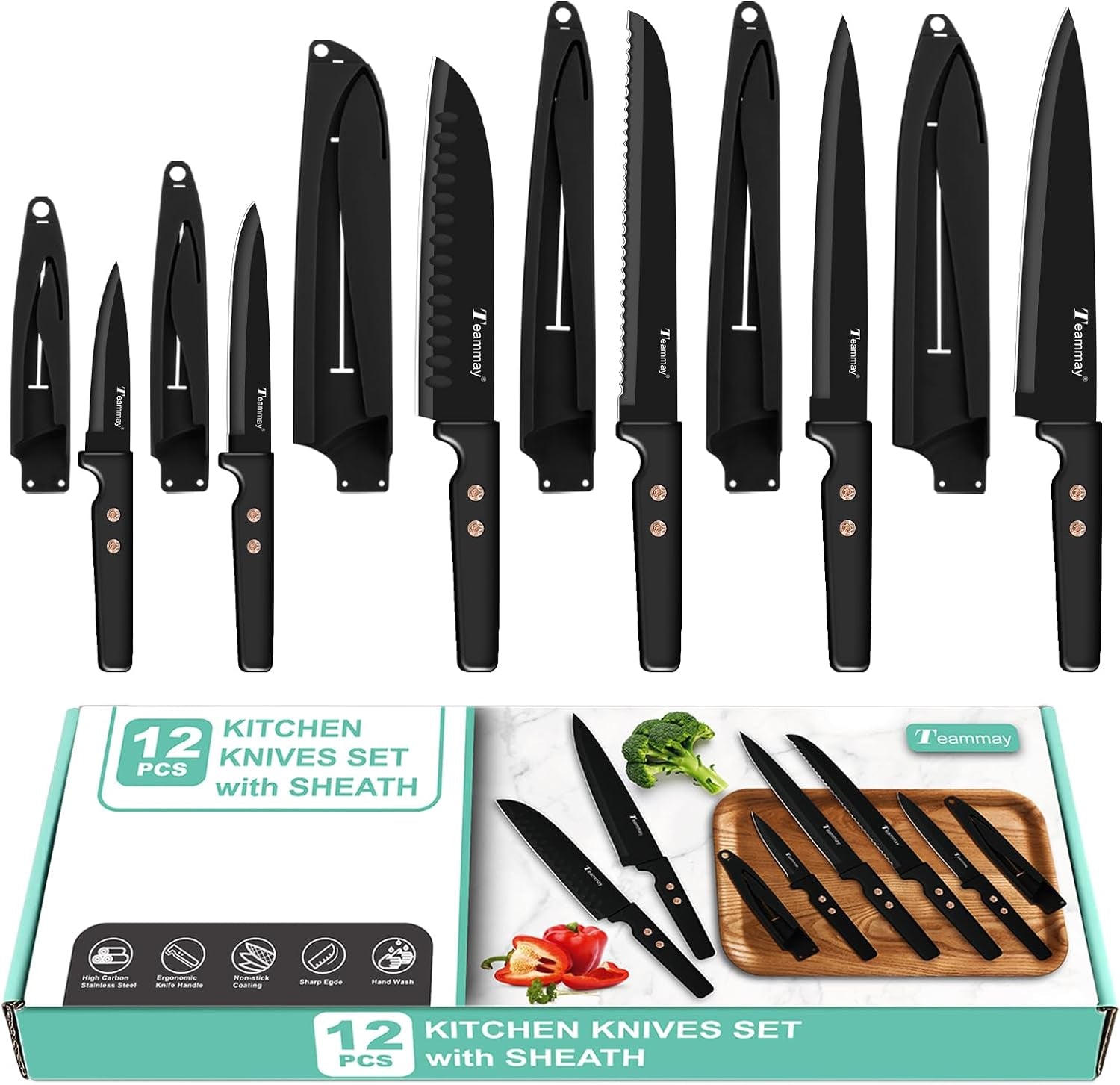 12-piece-kitchen-knife-set-stainless-steel-knives-with-non-stick-coating-dishwasher-safe-black-knife-set-with-rose-gold-rivets-6-blade-guards-perfect-for-home-chefs-cooking-enthusiasts