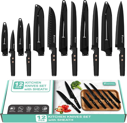 12-Piece Kitchen Knife Set, Stainless Steel Knives with Non-Stick Coating, Dishwasher Safe, Black Knife Set with Rose Gold Rivets 6 Blade Guards, Perfect for Home Chefs Cooking Enthusiasts8