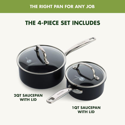 Prime Chatham 1QT & 2QT Saucepan Pot Set with Glass Lids, Hard Anodized Diamond Infused Ceramic Nonstick, Pfas-Free, Dishwasher Safe, Oven Safe, Multipurpose Chefs Pan, Stay-Cool Handle,Black3