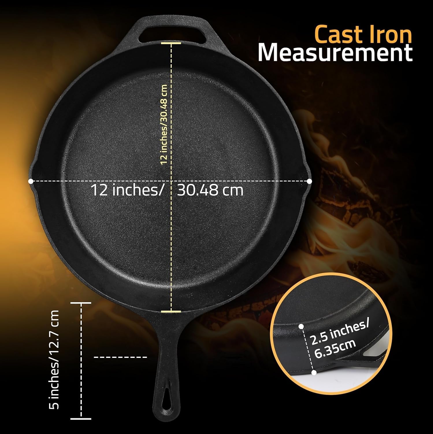 cast-iron-skillet-12-inch-pre-seasoned-pfas-free-black-chef-pan-even-heat-distribution-stovetop-oven-campfire-and-grill-safe-large-skillet-indoor-outdoor-use
