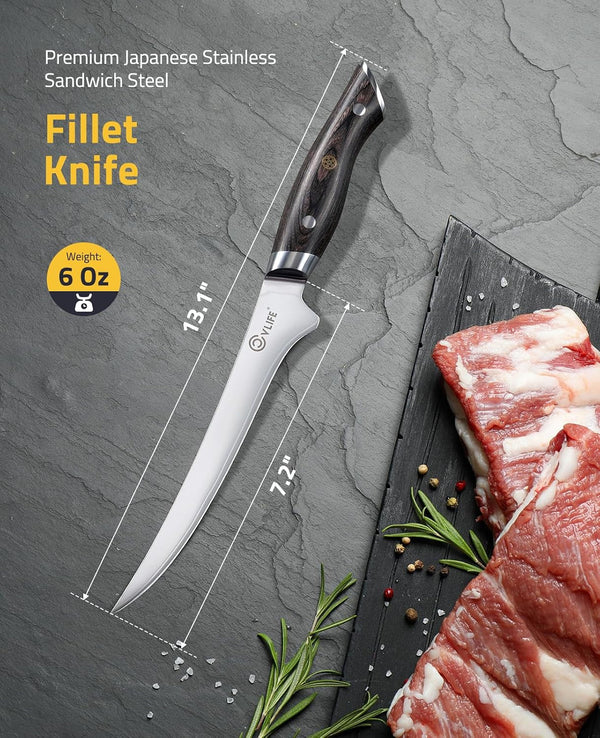 Fillet Knife with Leather Sheath, 7.2" Sharp 10Cr15Mov Steel Blade2