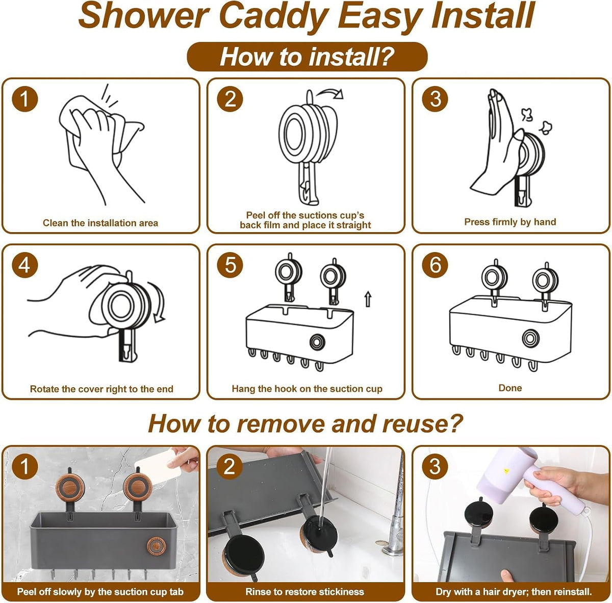 shower-caddy-suction-cup-removable-waterproof-bathroom-organizer-shower-shelf-with-drainage-suction-plastic-storage-for-inside-shower-shampoo-bathroom-accessories-holder-gray-mahogany-l