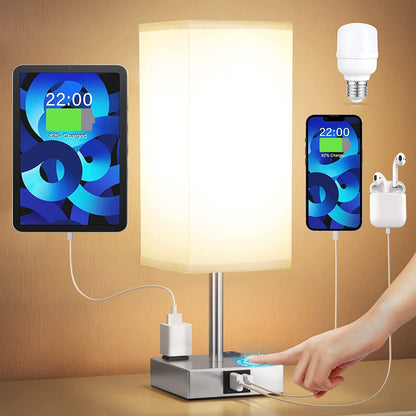 Touch Bedside Table Lamp for Bedroom - Dimmable, USB C+A, 2 AC Outlets | 3-Way Dimming, 3000K Bulb Included, Square Grey Lampshade and Silver Base, Desk Lamp for Nightstand, Living Room, Dorm1