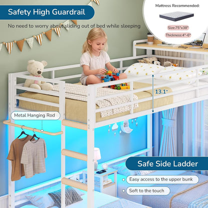 Triple Bunk Bed with Storage Drawers and Bedside Shelf, Twin over Twin Bunk Bed for Kids/Teens with LED Lights and Charging Station, Heavy Duty Metal Bunk Beds with Safety Guardrail and Ladder, White6