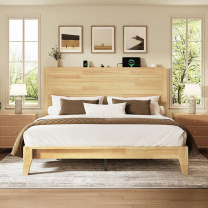 Queen Size Wood Platform Bed Frame with Mid-Century Modern Tall Headboard & Charging Station, Built-In Headboard Shelf, Solid Sustainable Bedframe, No Box Spring Needed, Easy Assembly, Natural1