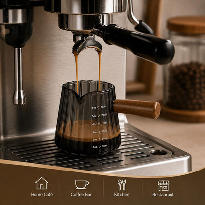 2 Pack Espresso Shot Measuring Cups 6Oz, Clear & Grey Ribbed Glass Espresso Cups with Wood Handle, V-Shaped Spout, Oz/Ml Markings for Espresso, Milk Frothing, Latte and Coffee Bar7