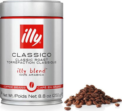 Illy Classico Whole Bean Coffee, Medium Roast, Classic Roast with Notes of Caramel, Orange Blossom and Jasmine, 100% Arabica Coffee, No Preservatives, 8.8 Ounce Can (Pack of 1)1