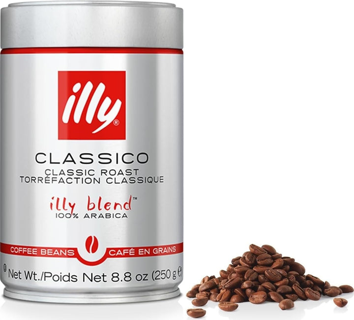 Illy Classico Whole Bean Coffee, Medium Roast, Classic Roast with Notes of Caramel, Orange Blossom and Jasmine, 100% Arabica Coffee, No Preservatives, 8.8 Ounce Can (Pack of 1)