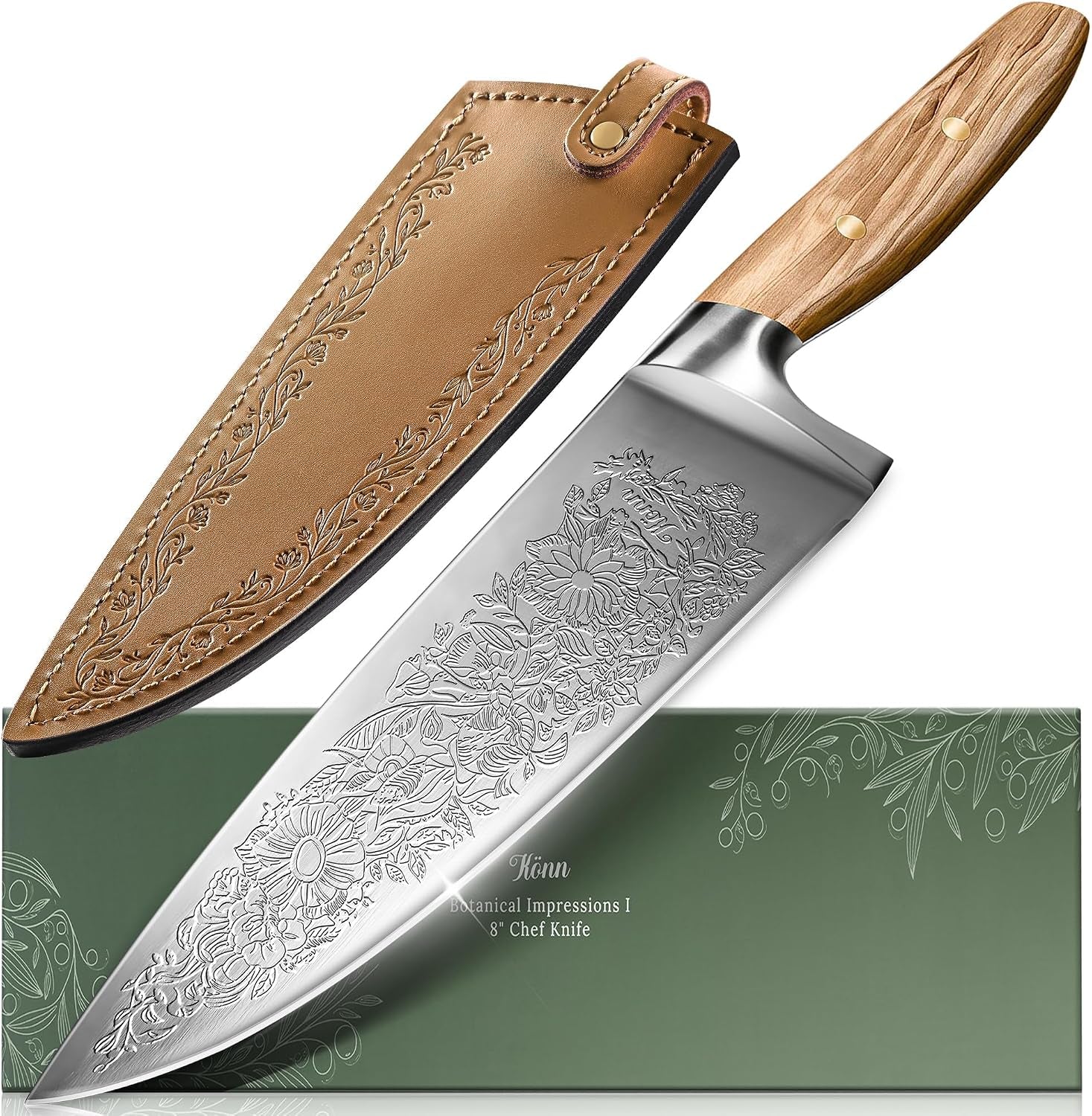 chef-kitchen-knife-8-embossed-botanical-blade-olive-wood-handle