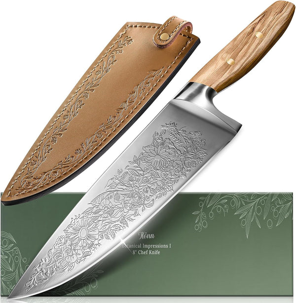 Chef Kitchen Knife 8", Embossed Botanical Blade, Olive Wood Handle1