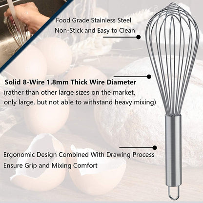 Whisks for Cooking, 3 Pack Stainless Steel Whisk for Blending, Whisking, Beating and Stirring, Enhanced Version Balloon Wire Whisk Set, 8"+10"+12"2