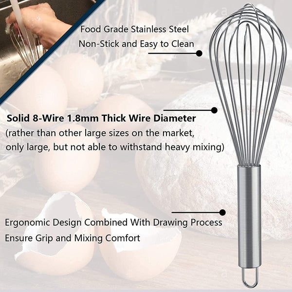 Whisks for Cooking, 3 Pack Stainless Steel Whisk for Blending, Whisking, Beating and Stirring, Enhanced Version Balloon Wire Whisk Set, 8"+10"+12"2