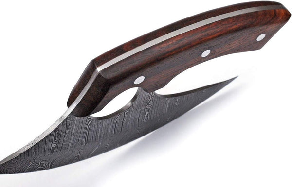 Handmade Damascus Steel Ulu Knife - Fixed Blade Knife for Chopping Boning Slicing Cutting ,Solid Rose Wood Handle with Leather Sheath, Wood,Steel3