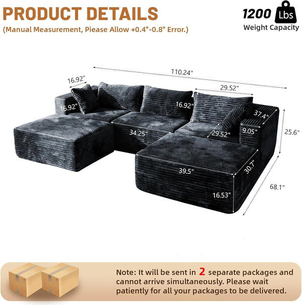 110 Modular Sectional Boneless Sofa with 2 Ottomans, Corduroy U-Shaped Modular Sectional Sofa, Convertible Cloud Couch with Deep Seats, No Assembly Required (Grey, 110" 3Seat+2 0Ttoman)2