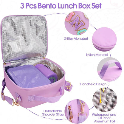 Preppy Lunch Box for Girls with 10Oz Thermo, with 6 Compartment Bento Box, Purple Nylon Insulated Lunch Bag Adjustable Strap for Girl Kids Teens School Travel Picnic6
