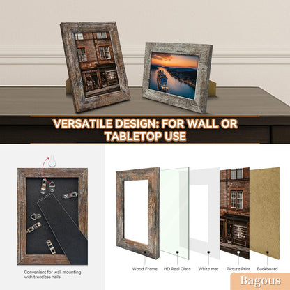 5X7 Picture Frames Set of 8, Vintage Rustic Farmhouse Industrial Style Photo Frames, High Definition Real Glass, for Tabletop or Wall Hanging4