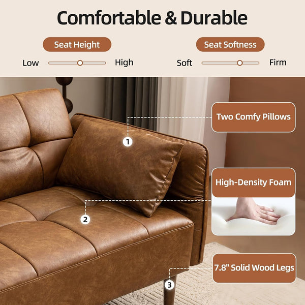 85" Futon Faux Leather Couch with Adjustable Armrests Brown5