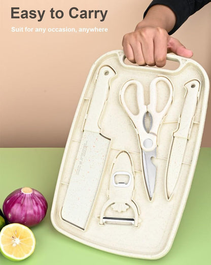 5 in 1 Mini Knife and Cutting Board Set, Small Cutting Board Camping Cutting Board Cutting Board Scissors, Smart Cutting Board and Knife Set, Dorm Kitchen Essentials Travel Knife Set (Wheaten)5