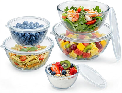 Glass Mixing Bowls with Lids Set of 5(4.7QT, 2.9QT, 2.2QT, 1.1QT, 0.53QT), Thick Glass Large Salad Bowls, Space-Saving Nesting Bowls for Kitchen Baking, Prepping, Cooking, Dishwasher, Microwave Safe1