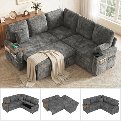 81'' Modular Sectional Sofa with Pull Out Bed, 5-Seater L Shaped Sleeper Sofa with Adjustable Backrest | Side Table | USB Charging Ports, Sectional Couches for Living Room(Chenille, Grey)1