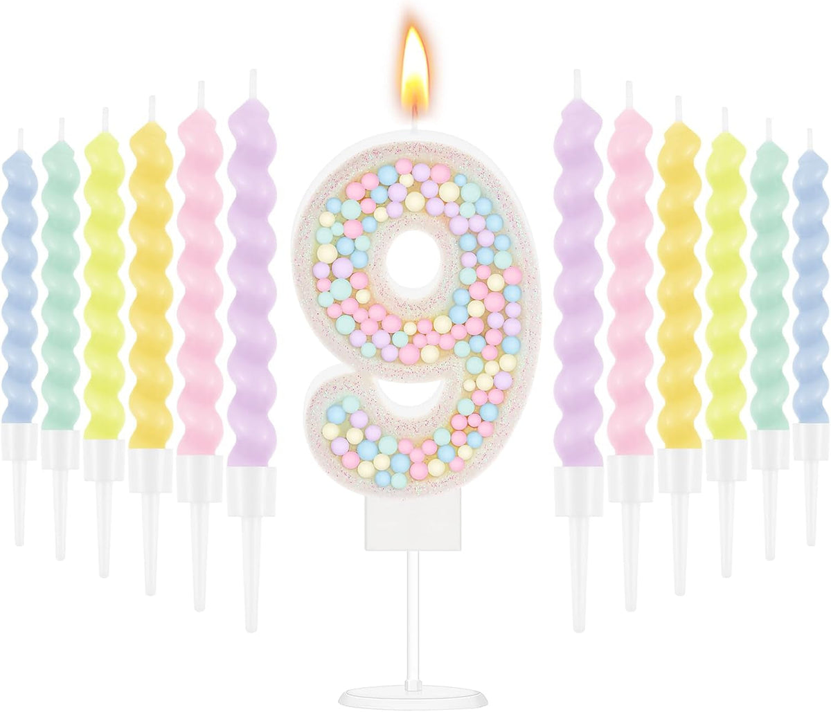 white-macaron-number-9-birthday-candle-with-12-rainbow-spiral-candles