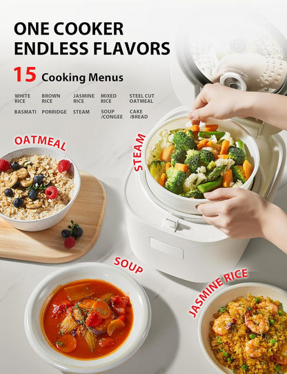 Origintaste Rice Cooker 5.5-Cup Uncooked, Fuzzy Logic, 15-In-1 Functions, Digital Display, Delay Timer, Keep Warm, Nonstick Inner Pot, White5